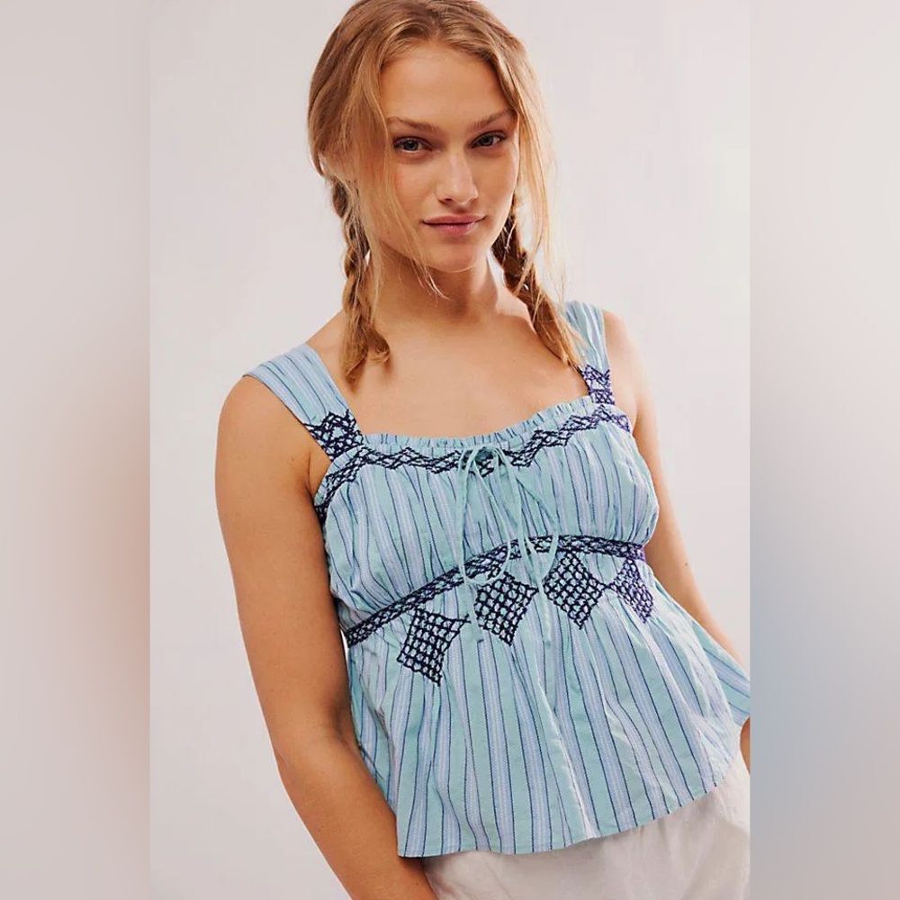 Free People Blue Striped Sleeveless Embroidered Peasant Top
